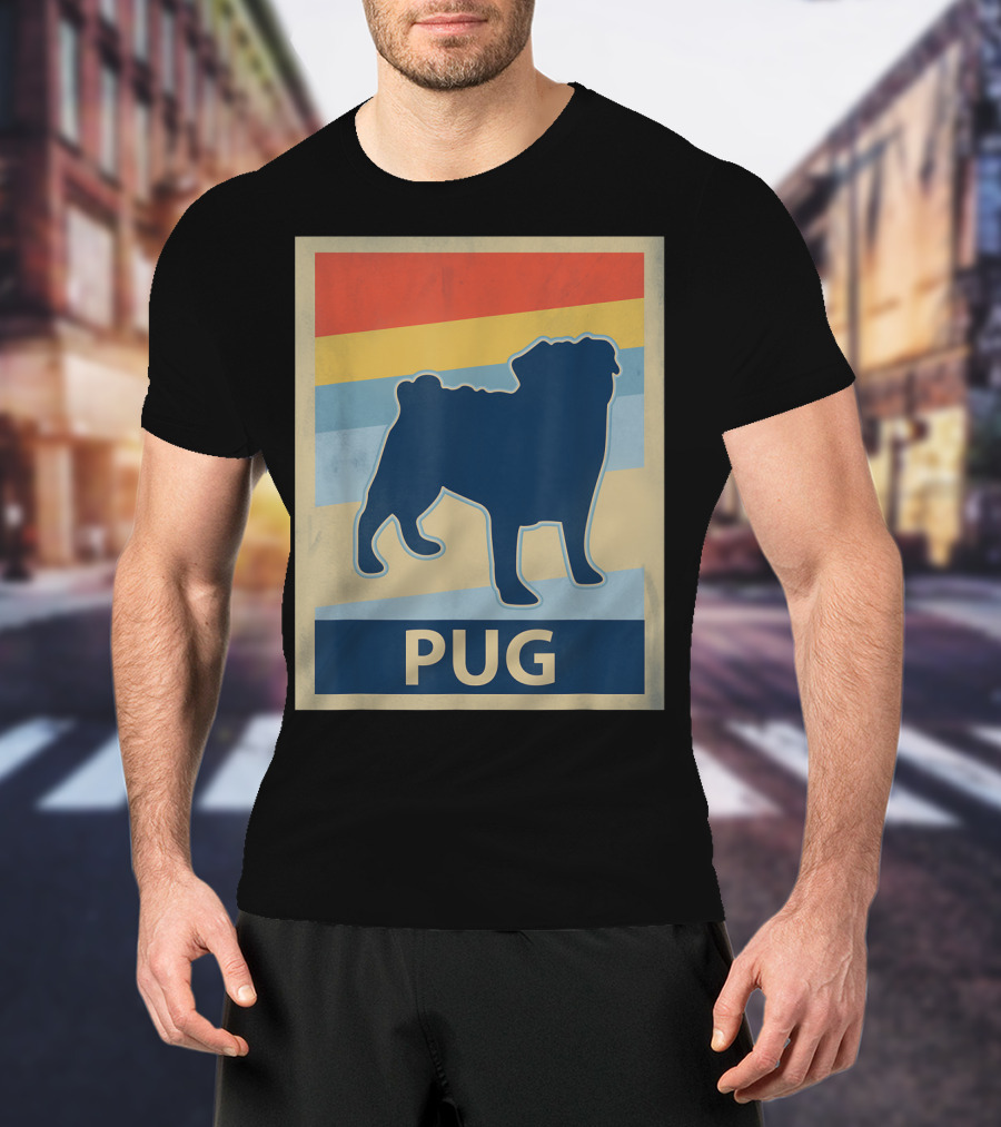 Vintage Pug Silhouette With Retro Stripes T-Shirt