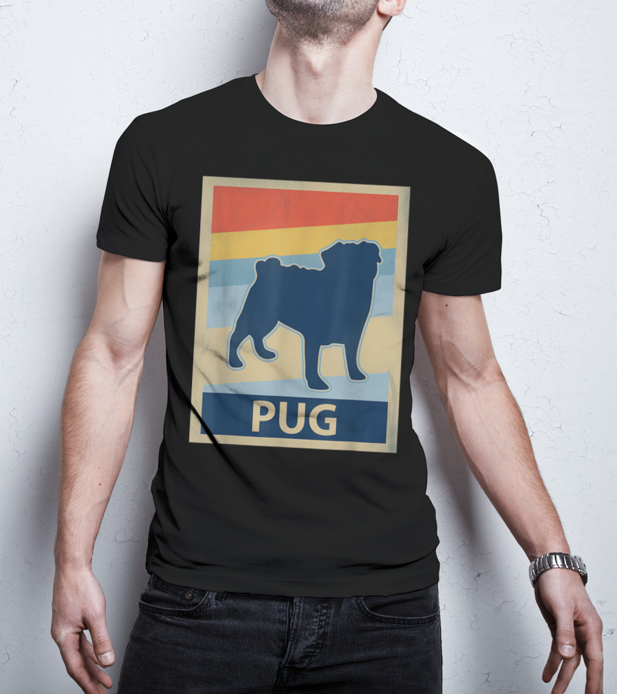 Vintage Pug Silhouette With Retro Stripes T-Shirt