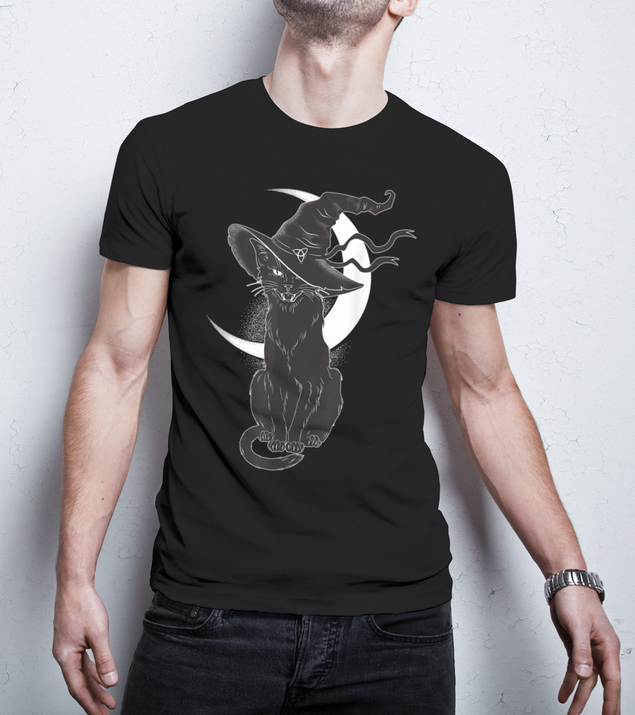 Vintage Scary Halloween Black Cat Sitting In Front Of Crescent Moon Wearing Witch Hat T-Shirt
