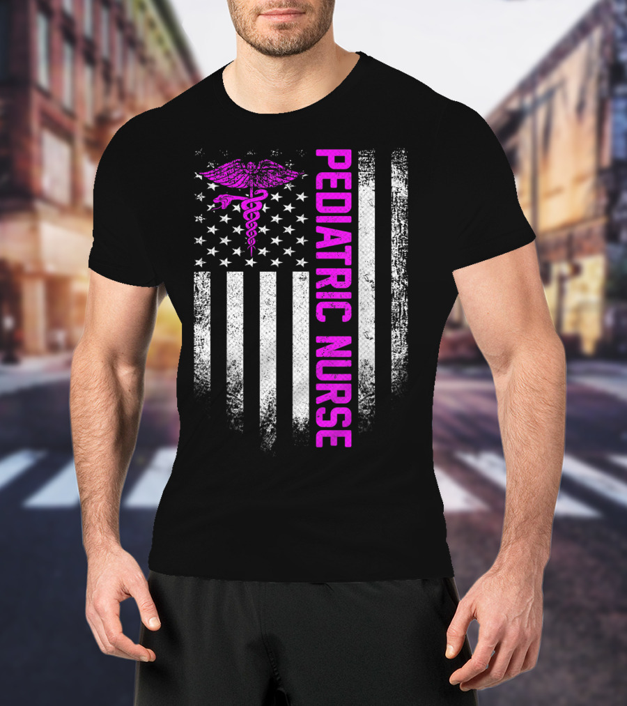 Pediatric Nurse American Flag Vintage USA Caduceus T-Shirt