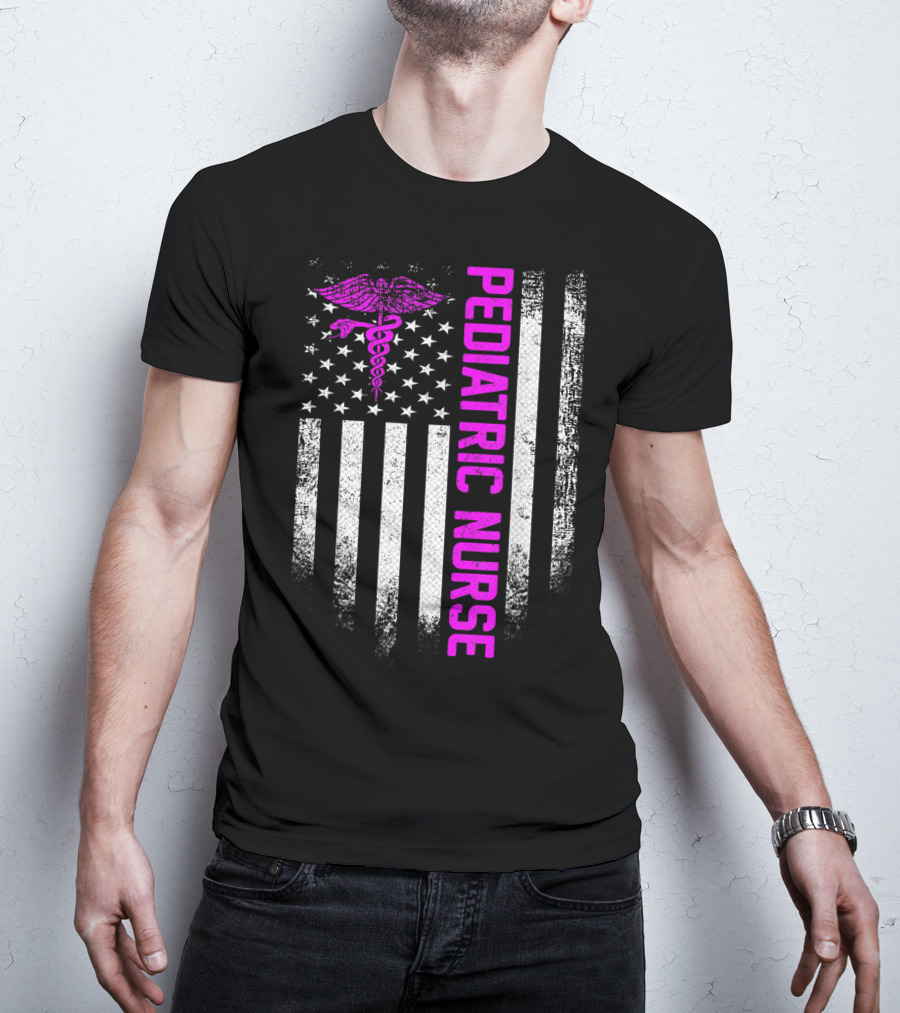Pediatric Nurse American Flag Vintage USA Caduceus T-Shirt