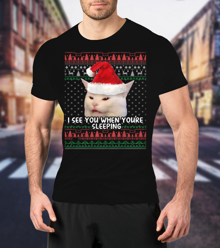 Smudge The Cat Santa Hat Christmas I See You When You're Sleeping T-Shirt