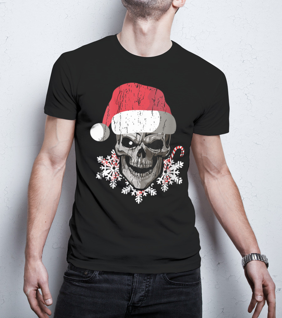 Skull With Santa Hat Snowflakes Candy Cane T-Shirt