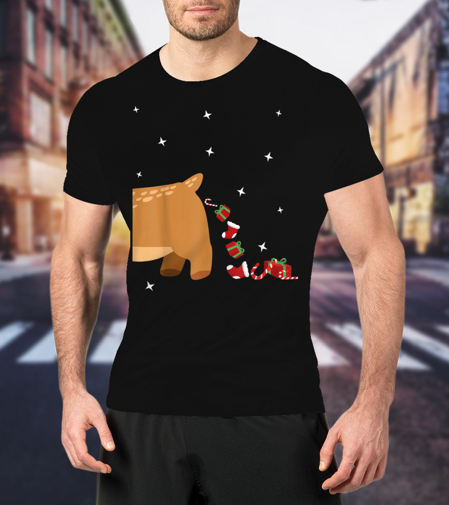 Xmas Sick Reindeer Costume Matching Couple With Stars And Falling Candy Cane Presents T-Shirt