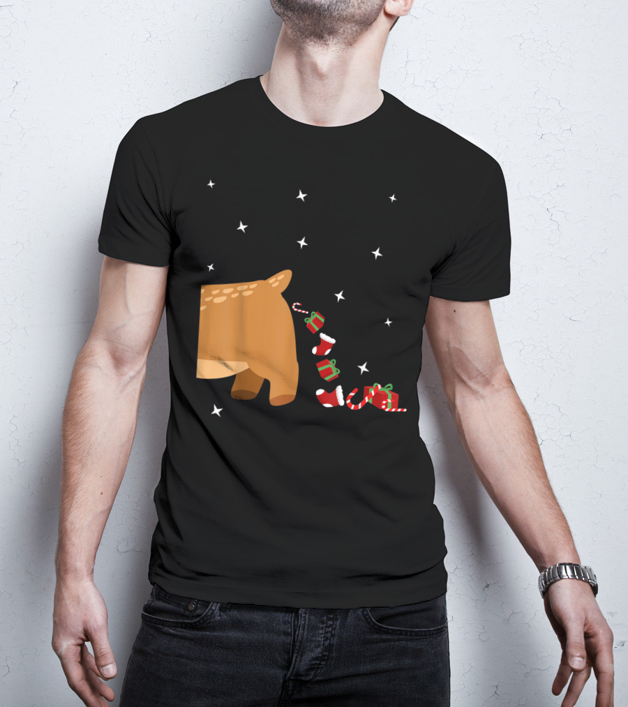 Xmas Sick Reindeer Costume Matching Couple With Stars And Falling Candy Cane Presents T-Shirt