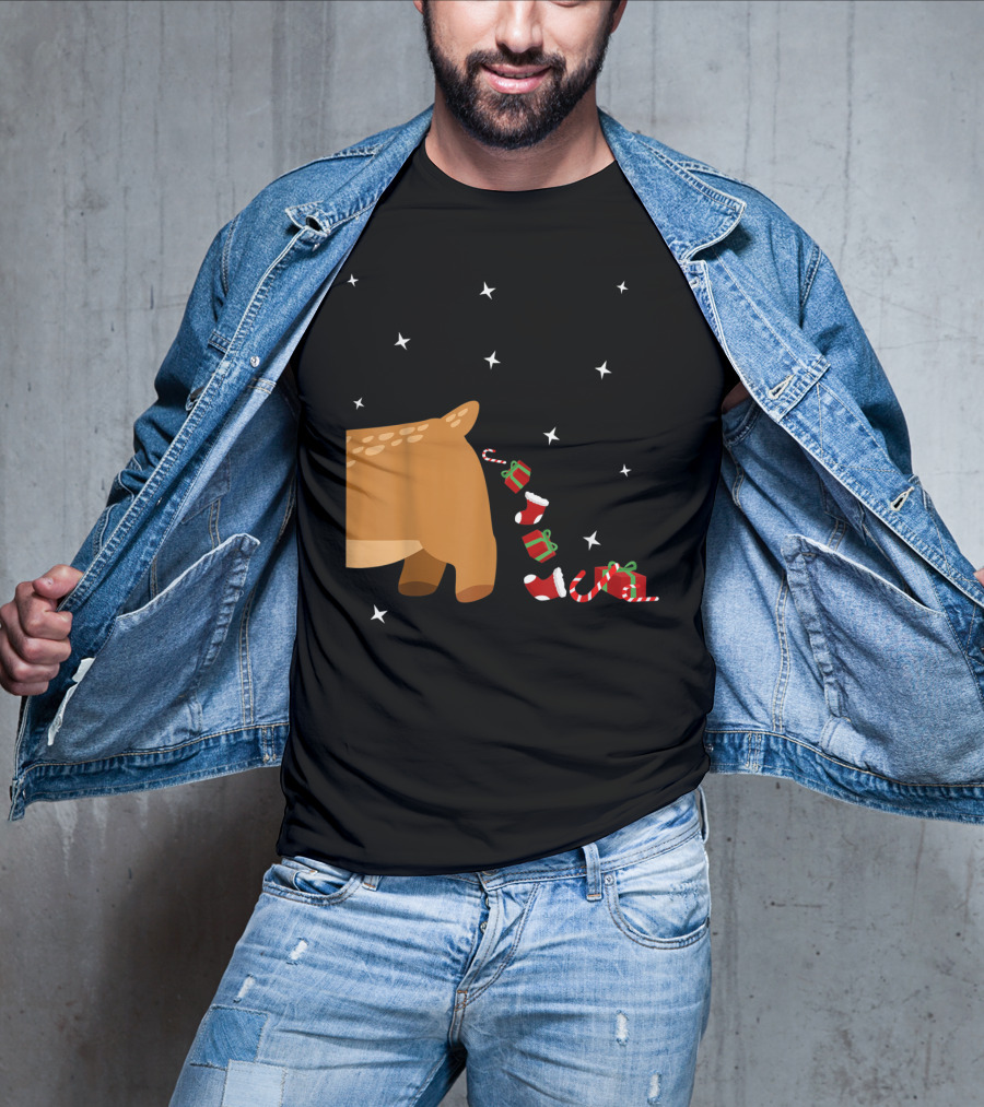 Xmas Sick Reindeer Costume Matching Couple With Stars And Falling Candy Cane Presents T-Shirt