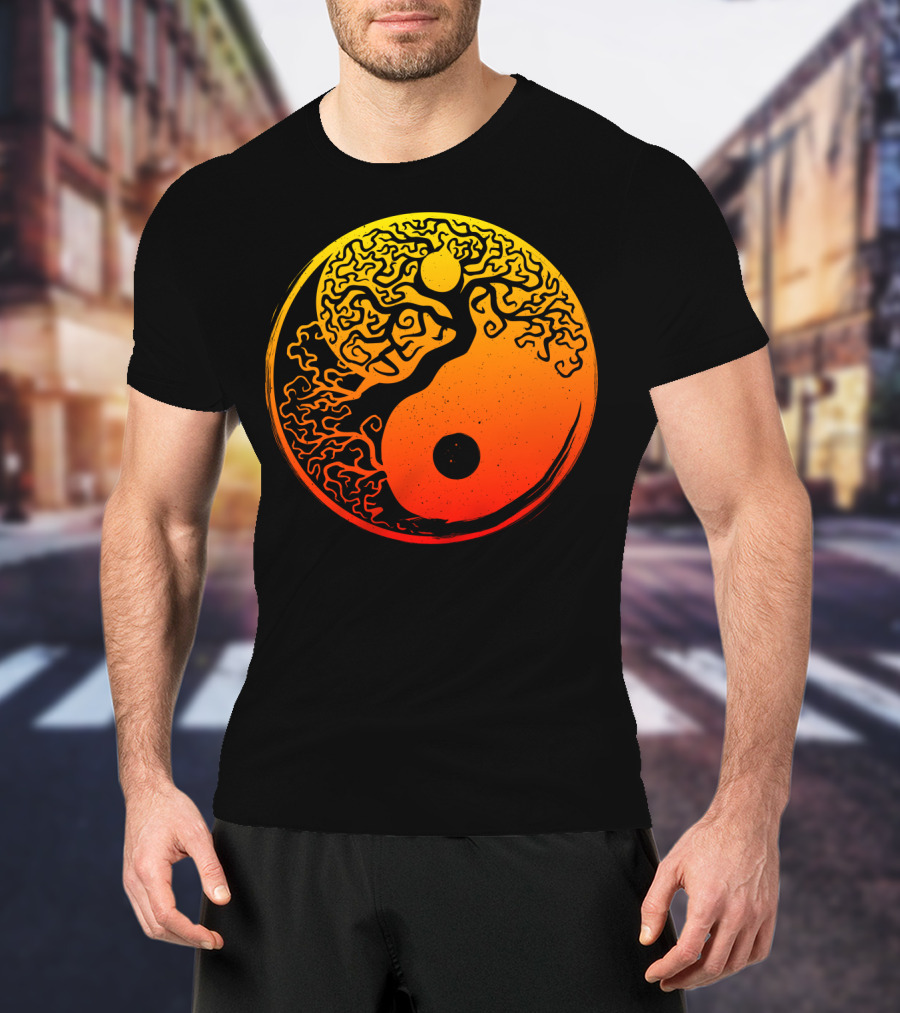 Yin Yang Bonsai Tree Japanese Golden Sun Circle T-Shirt