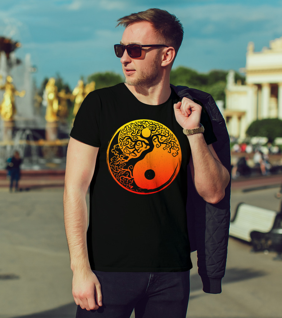 Yin Yang Bonsai Tree Japanese Golden Sun Circle T-Shirt
