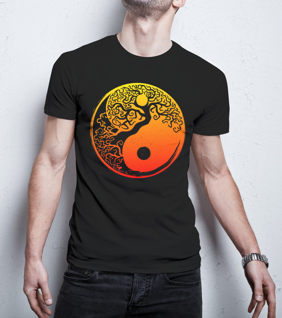 Yin Yang Bonsai Tree Japanese Golden Sun Circle T-Shirt