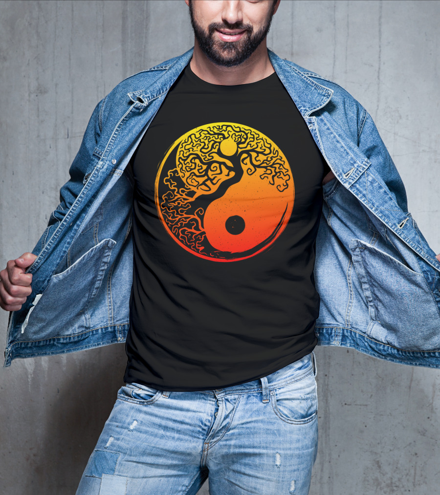 Yin Yang Bonsai Tree Japanese Golden Sun Circle T-Shirt
