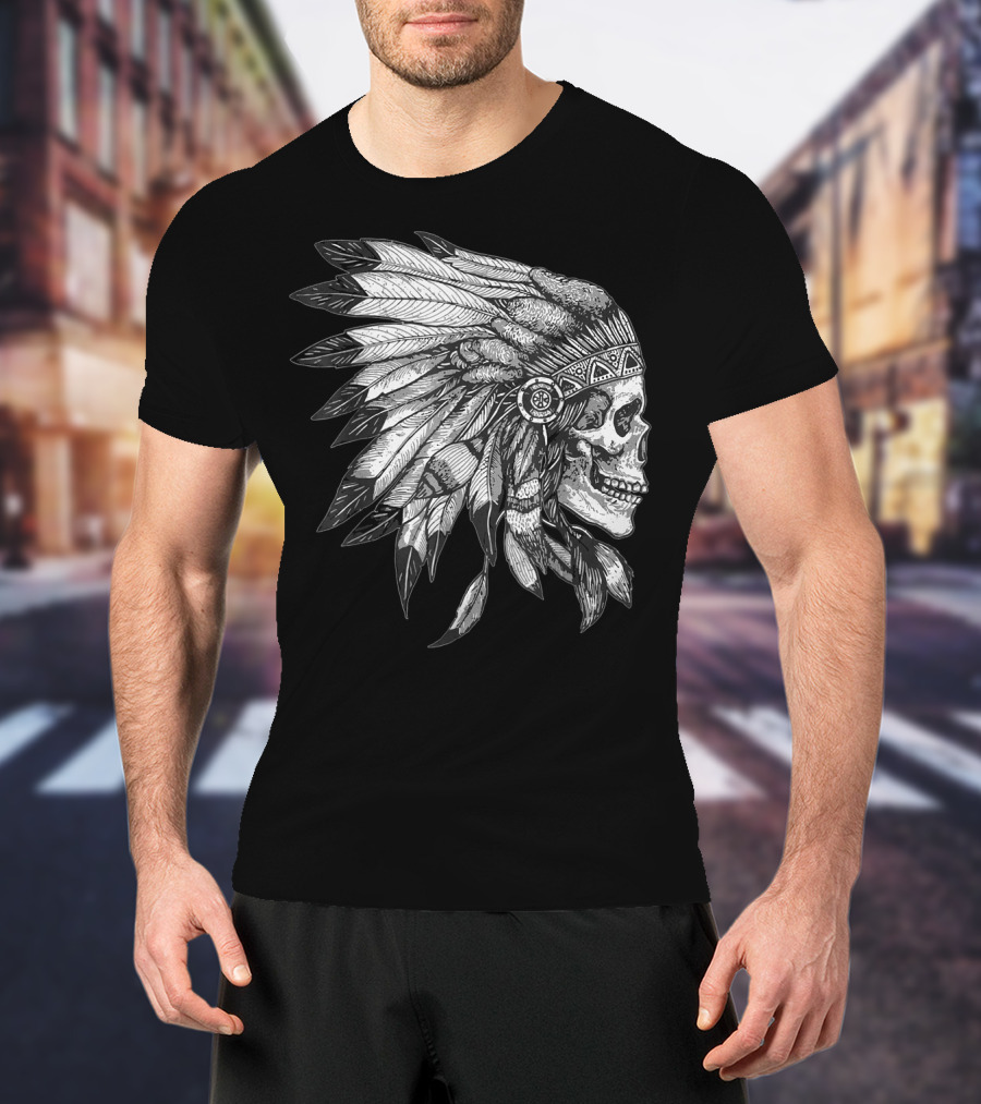 American Motorcycle Skull With Native Indian Eagle Feather Headdress T-Shirt