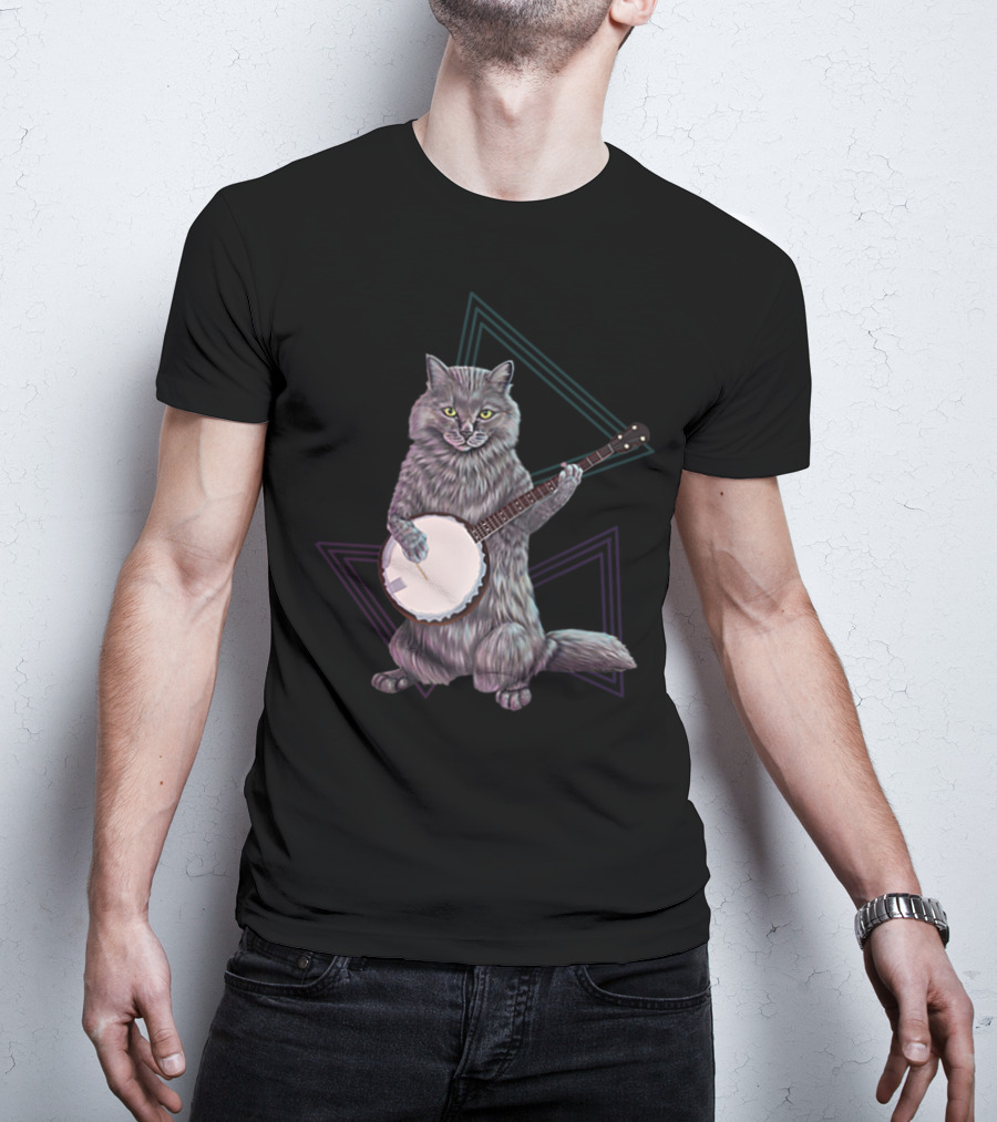 Banjo Cat Rock Kitty Playing The Banjo Triangular Neon Background T-Shirt