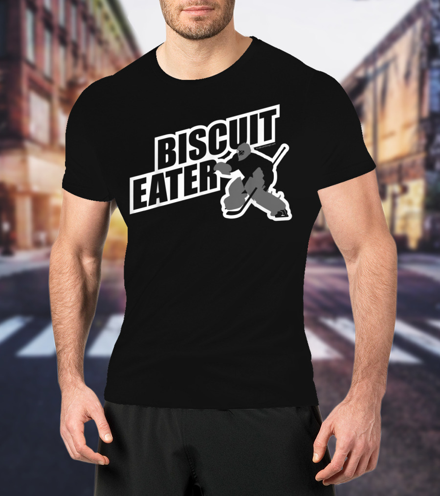Biscuit Eater Hockey Goalie Retro Style Block Text With Silhouette Of Ice Hockey Player In Action T-Shirt