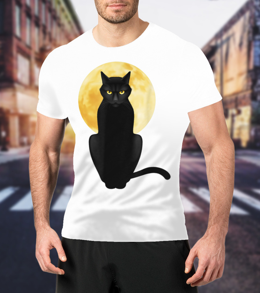 Black Cat Yellow Eyes Full Moon T-Shirt