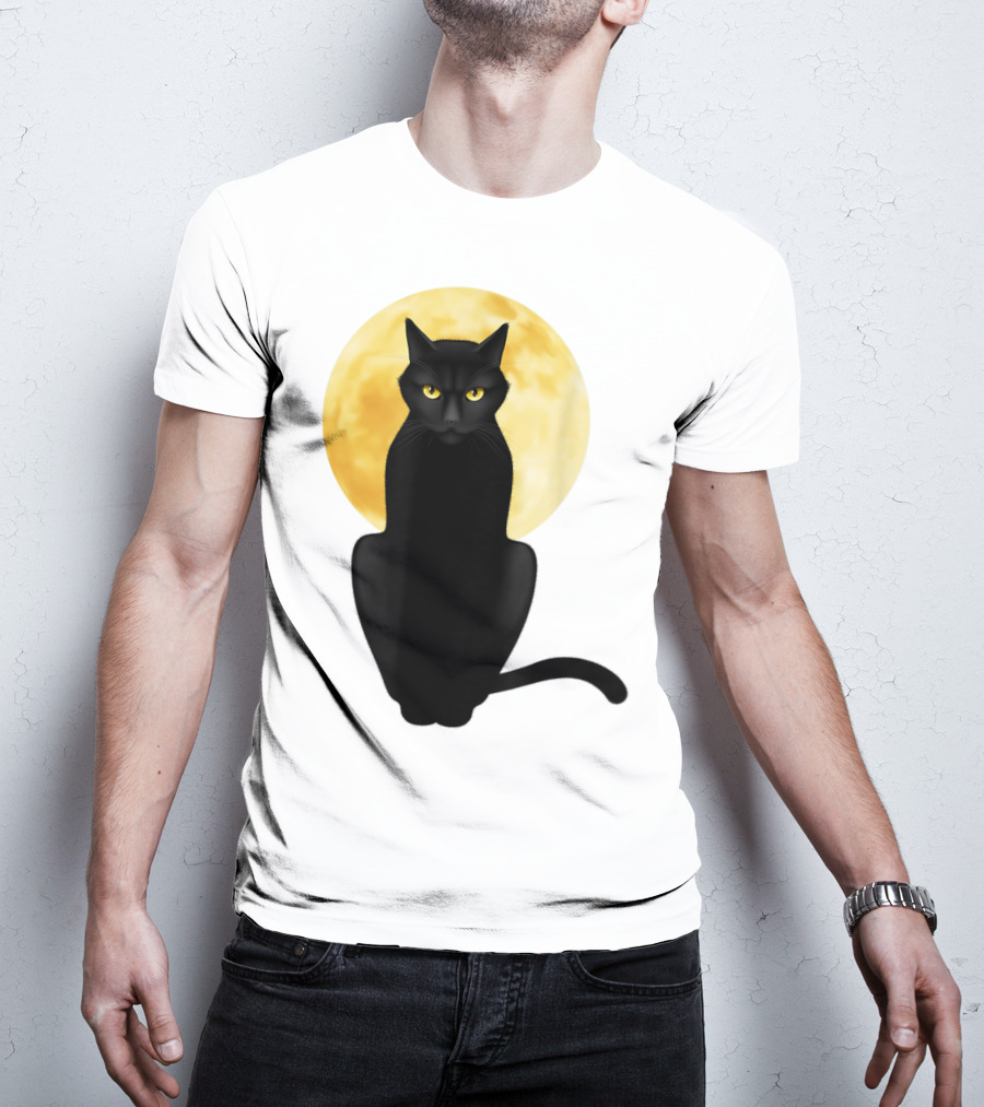 Black Cat Yellow Eyes Full Moon T-Shirt