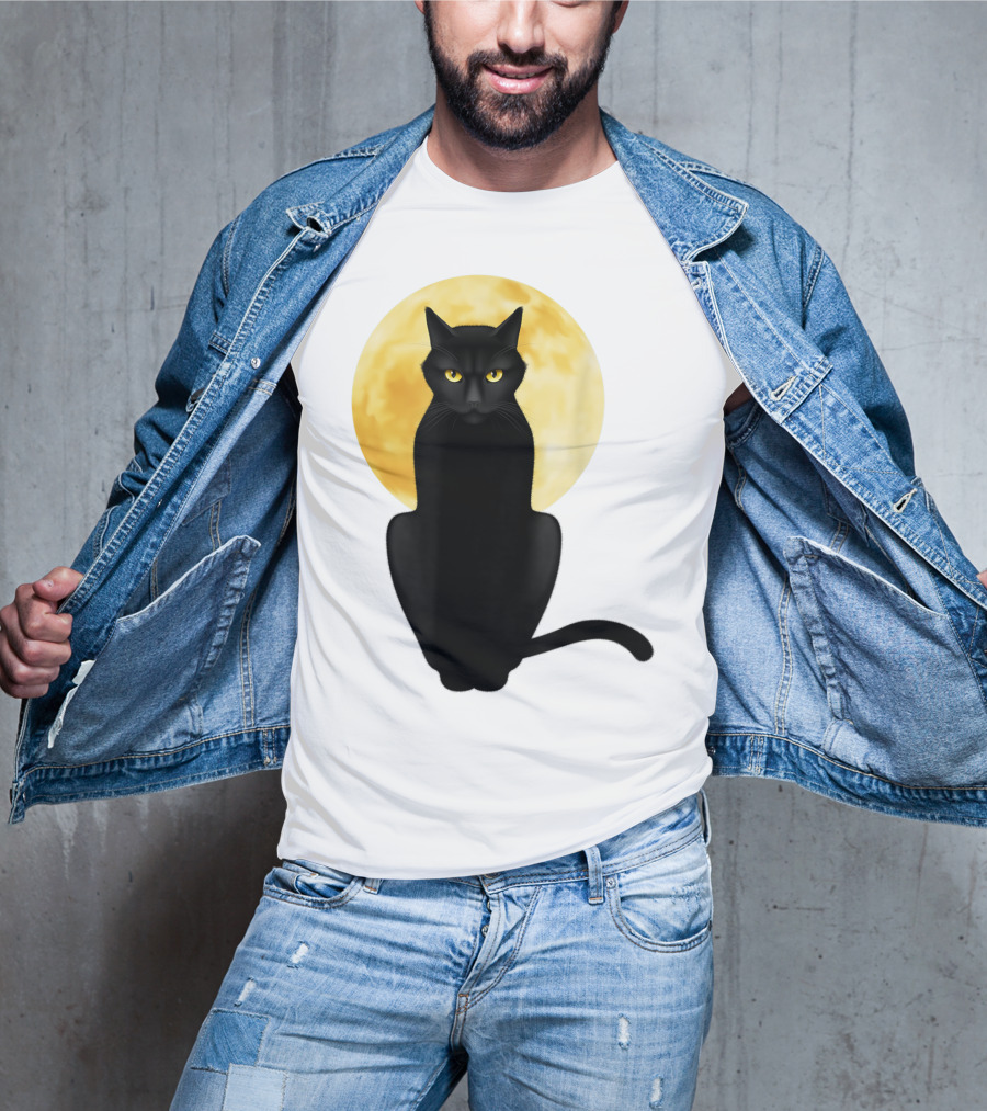 Black Cat Yellow Eyes Full Moon T-Shirt