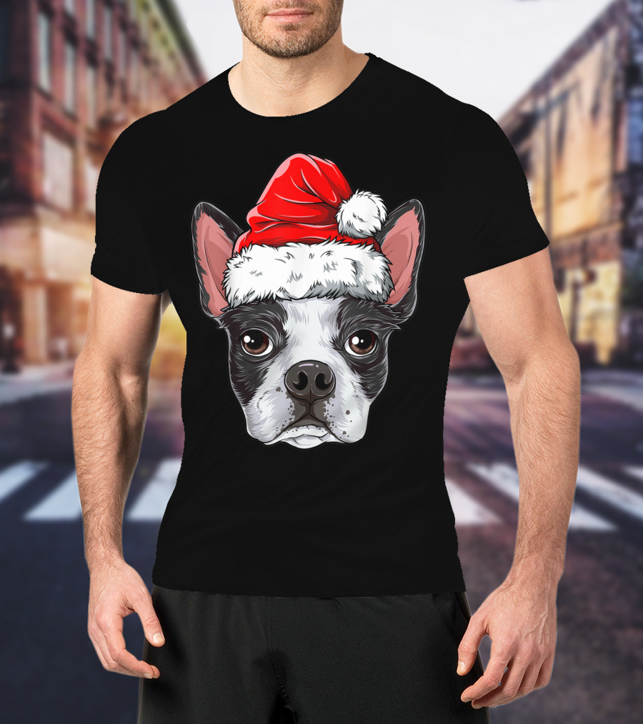 Boston Terrier Christmas Dog Santa Hat T-Shirt