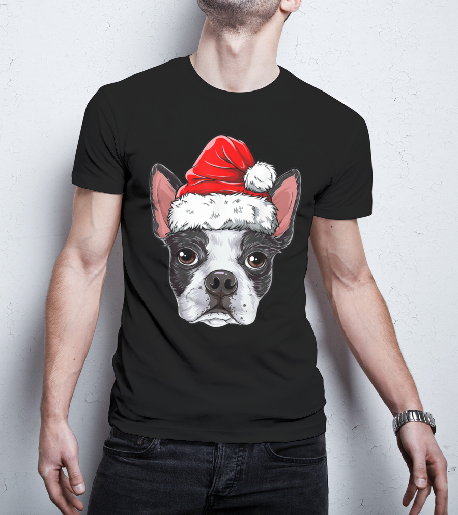 Boston Terrier Christmas Dog Santa Hat T-Shirt