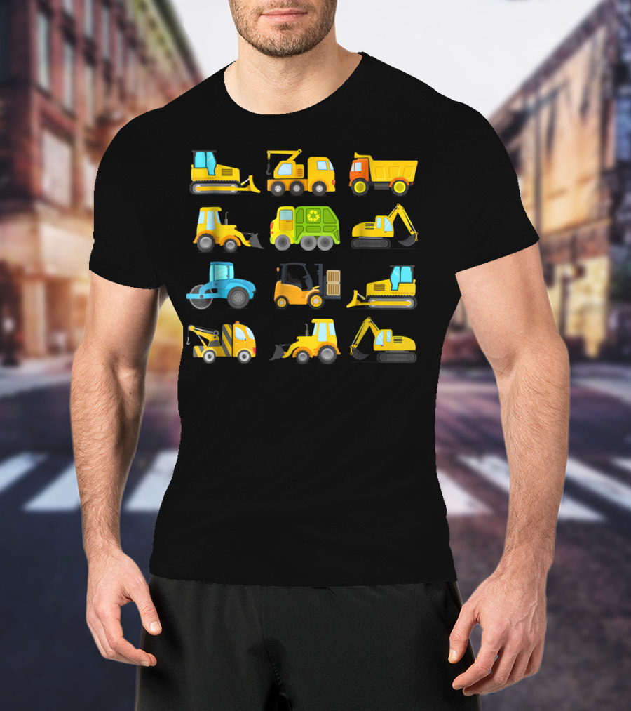 Boys' Colorful Construction Trucks And Diggers Vehicles Short Sleeved T-Shirt