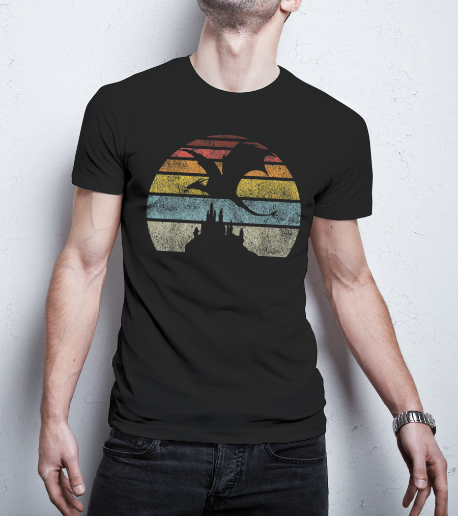 Castle And Dragon Silhouette Against Retro Sunset Stripes T-Shirt