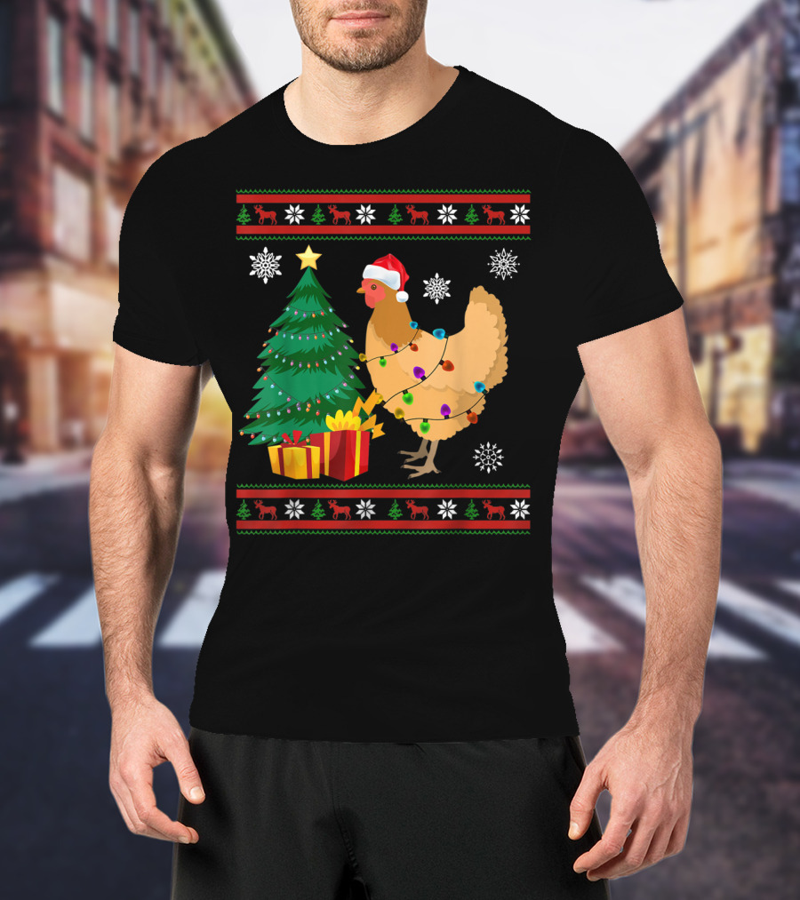 Chicken Christmas Decorations Santa Tree Snowflakes Reindeer T-Shirt