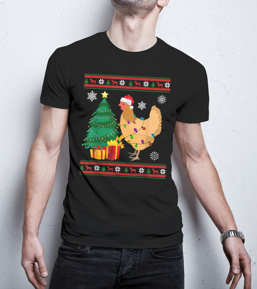 Chicken Christmas Decorations Santa Tree Snowflakes Reindeer T-Shirt