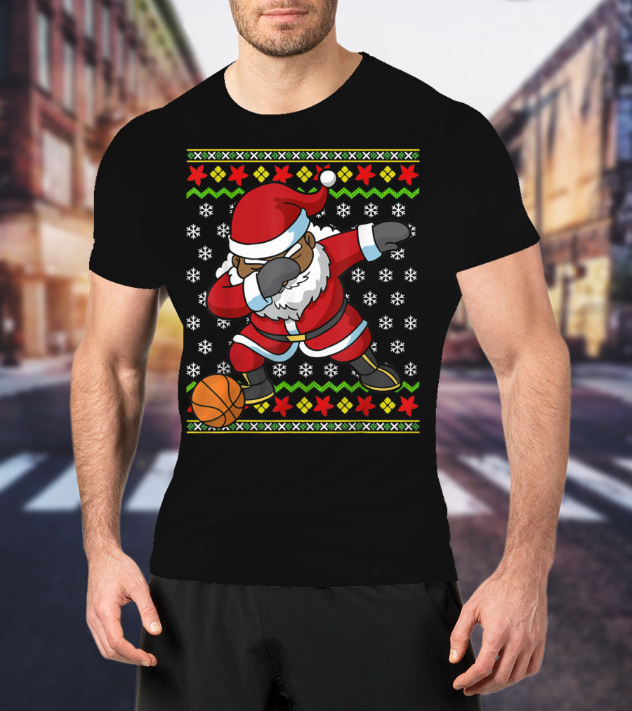 Christmas Black African American Santa Dabbing Basketball Ugly T-Shirt