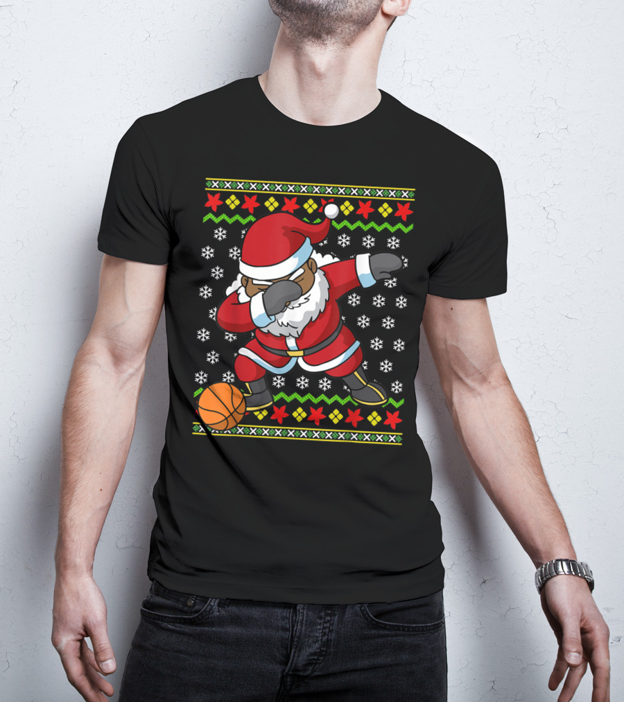 Christmas Black African American Santa Dabbing Basketball Ugly T-Shirt