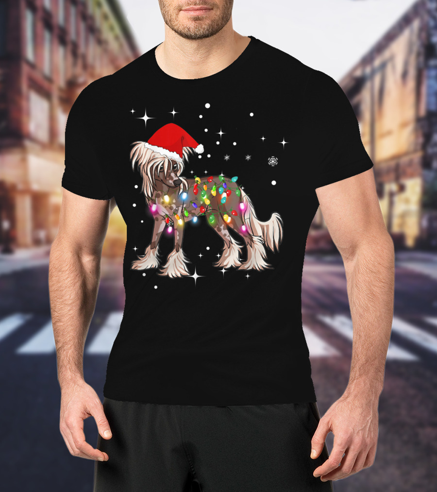 Christmas Lights Chinese Crested Dog With Santa Hat And Stars T-Shirt
