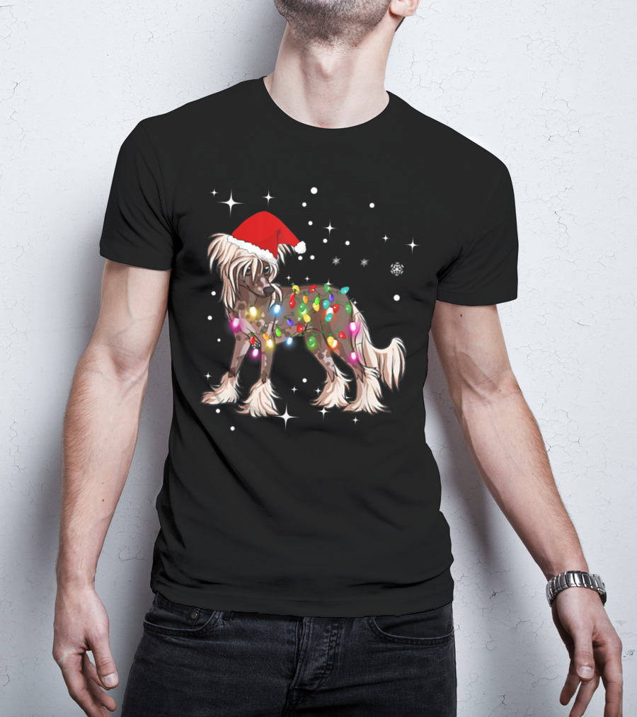 Christmas Lights Chinese Crested Dog With Santa Hat And Stars T-Shirt