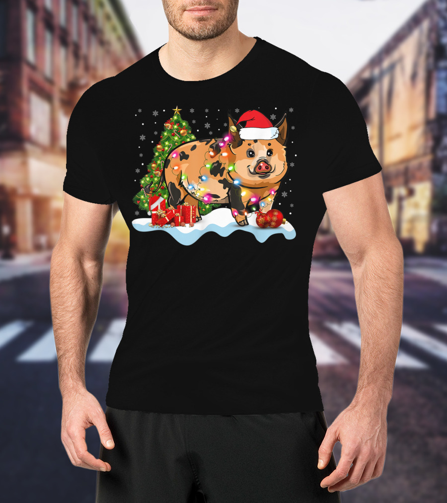 Kunekune Pig Santa Hat Christmas Tree Lights Snowflakes T-Shirt