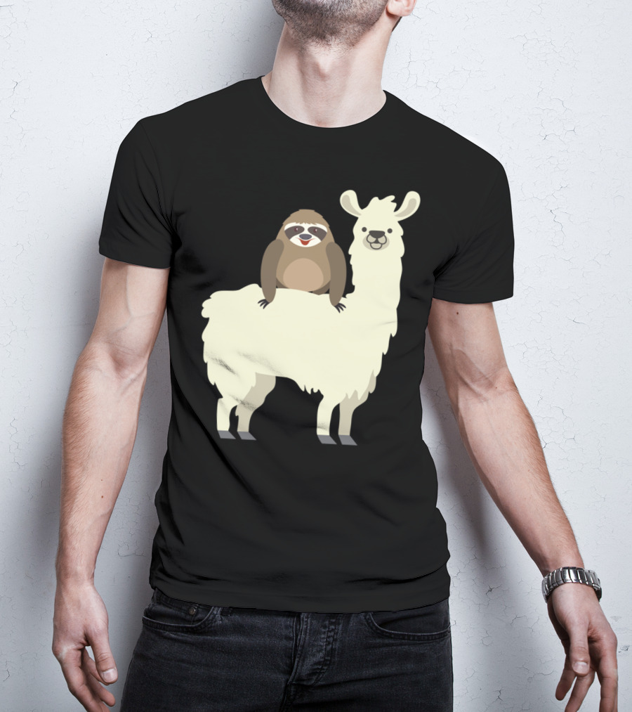 Cute Funny Sloth On Llama T-Shirt