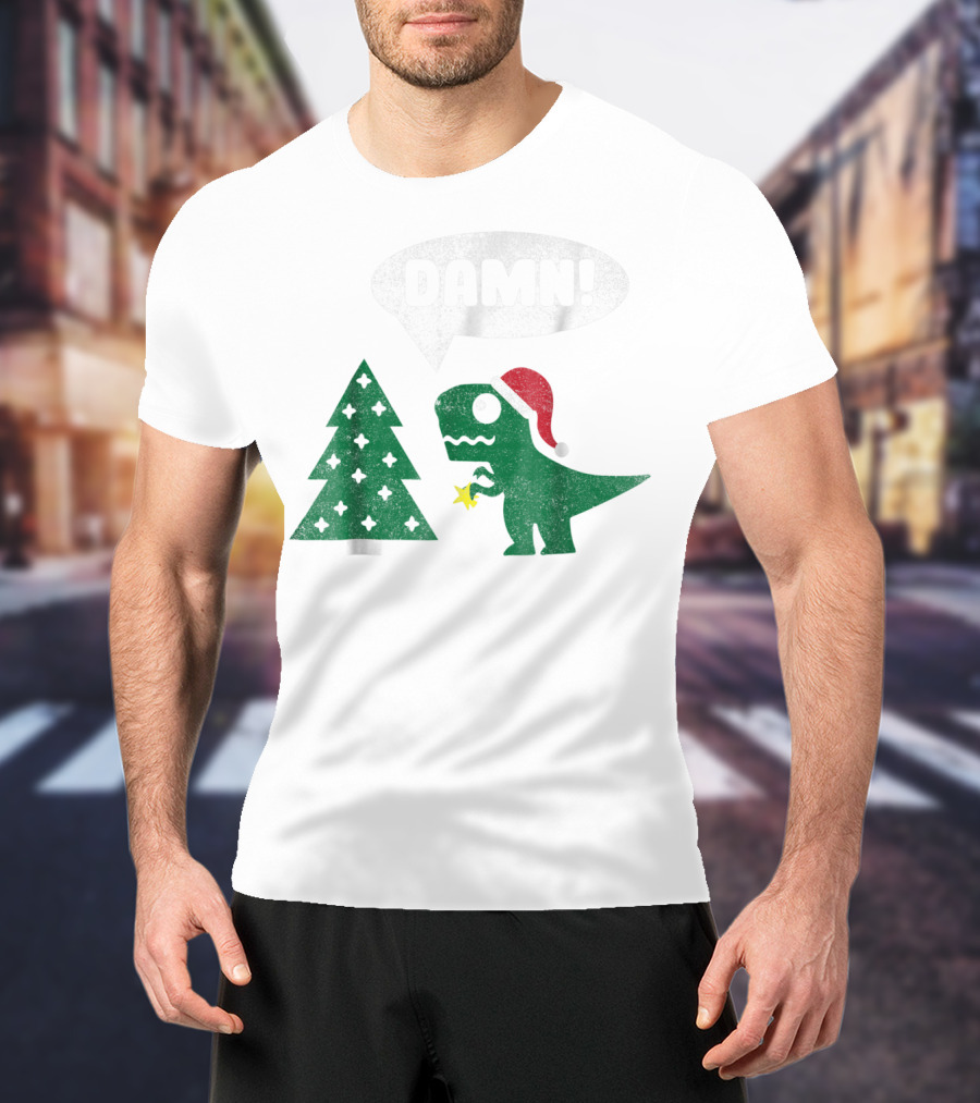 Damn Trex Hates Christmas Dinosaur Lover Funny Santa Dinosaur With Christmas Tree T-Shirt