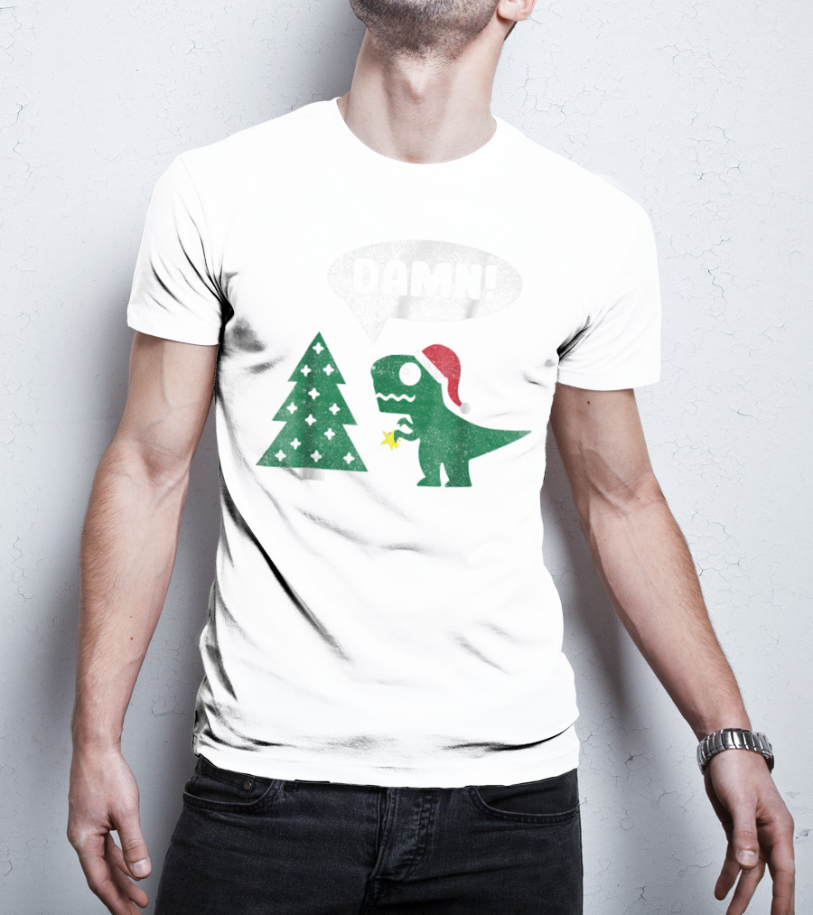 Damn Trex Hates Christmas Dinosaur Lover Funny Santa Dinosaur With Christmas Tree T-Shirt