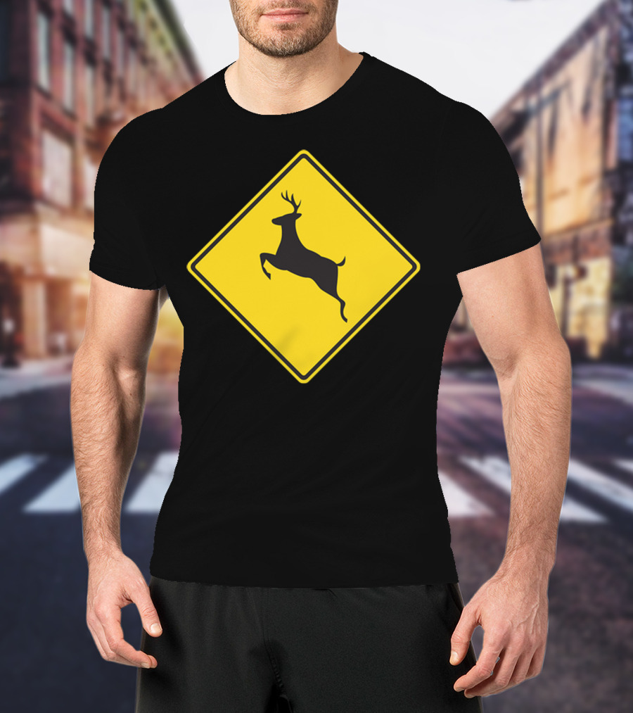 Yellow Deer Crossing Road Sign T-Shirt