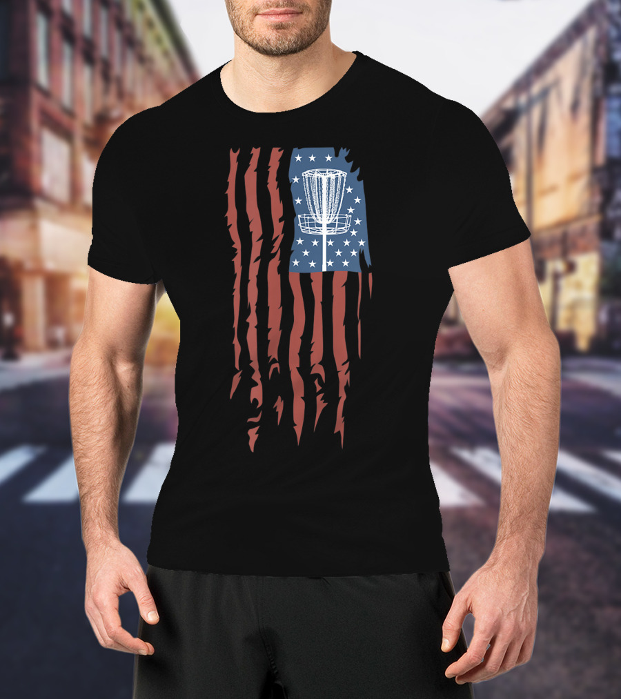 Disc Golf Basket American Flag Frisbee Sports USA T-Shirt