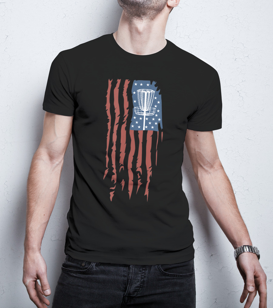 Disc Golf Basket American Flag Frisbee Sports USA T-Shirt