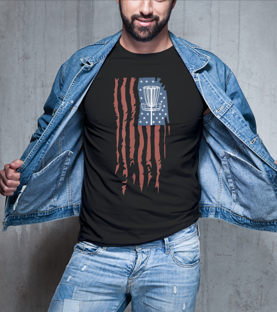 Disc Golf Basket American Flag Frisbee Sports USA T-Shirt