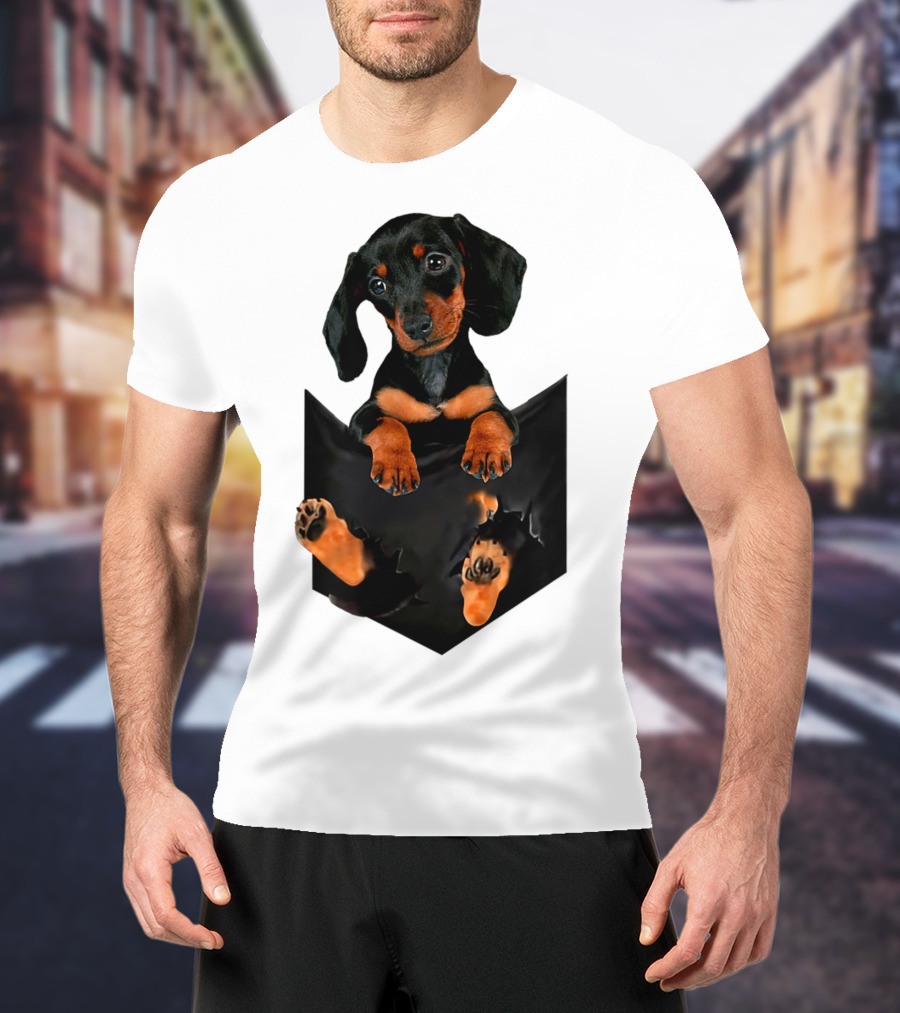 Doxie Dachshund Puppy Dog In Pocket T-Shirt