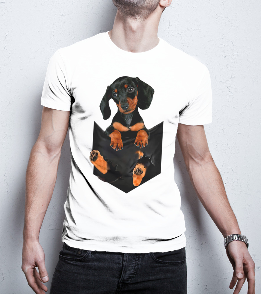 Doxie Dachshund Puppy Dog In Pocket T-Shirt
