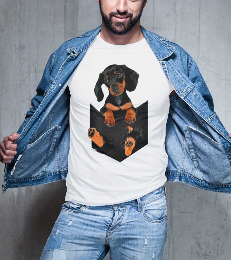 Doxie Dachshund Puppy Dog In Pocket T-Shirt