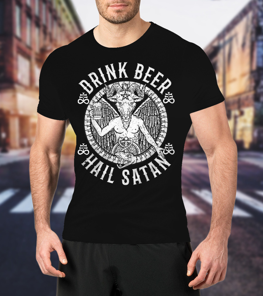 Drink Beer Hail Satan Baphomet Goat Pentagram T-Shirt