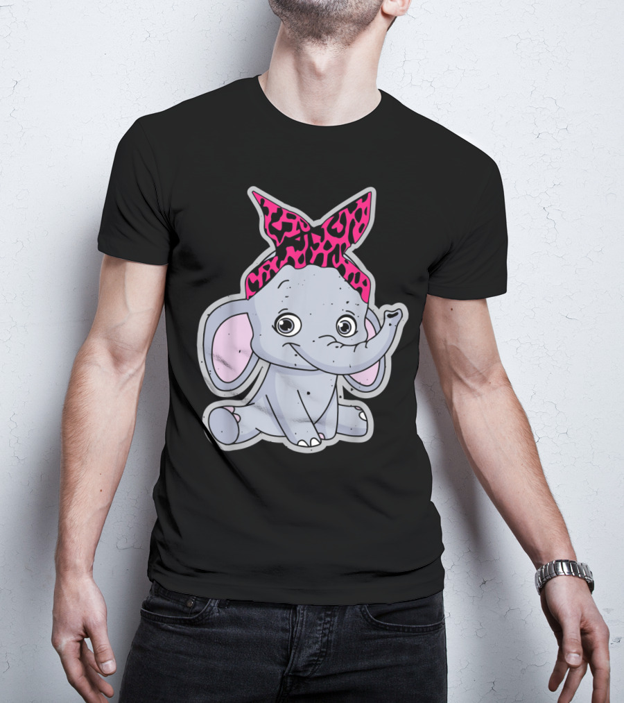 Elephants Cute Cartoon With Pink Leopard Bow T-Shirt