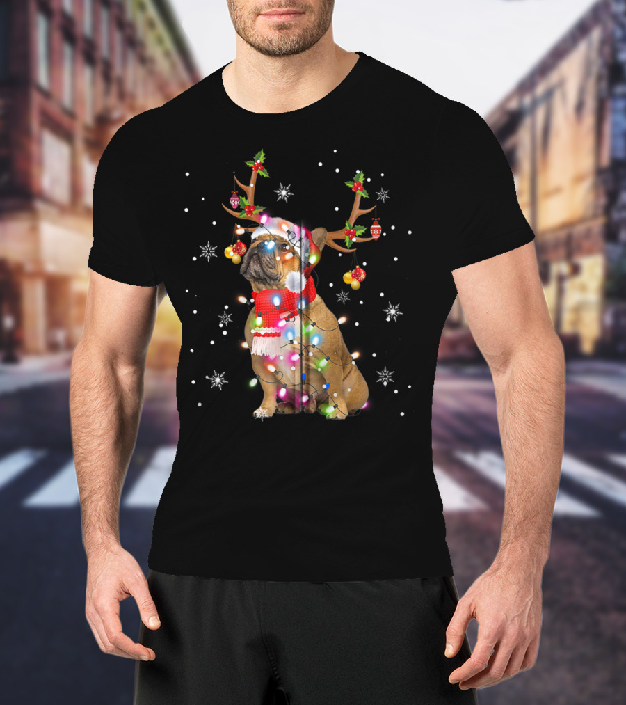 French Bulldog Reindeer Antlers Santa Hat Christmas Lights T-Shirt
