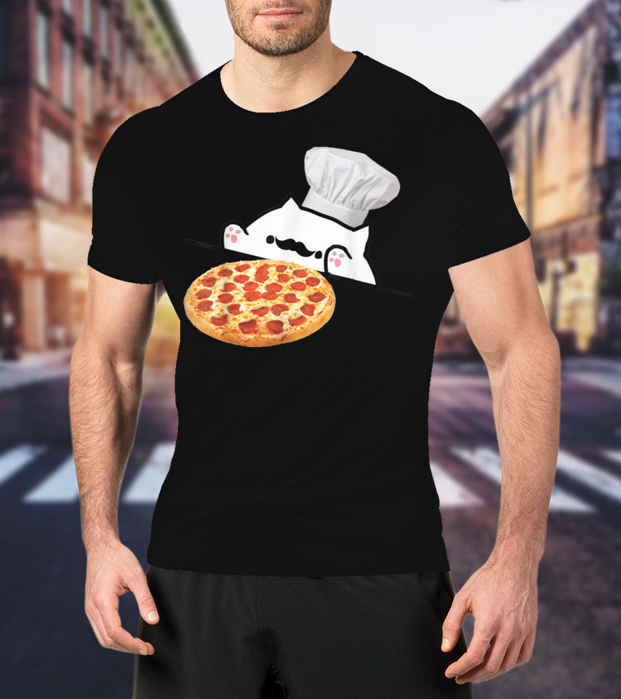 Bongo Cat Pizza Chef With Mustache And Pepperoni Pizza Humor T-Shirt