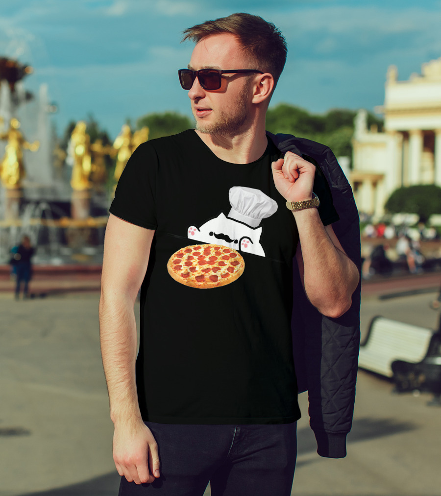 Bongo Cat Pizza Chef With Mustache And Pepperoni Pizza Humor T-Shirt