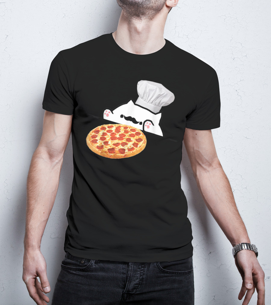 Bongo Cat Pizza Chef With Mustache And Pepperoni Pizza Humor T-Shirt