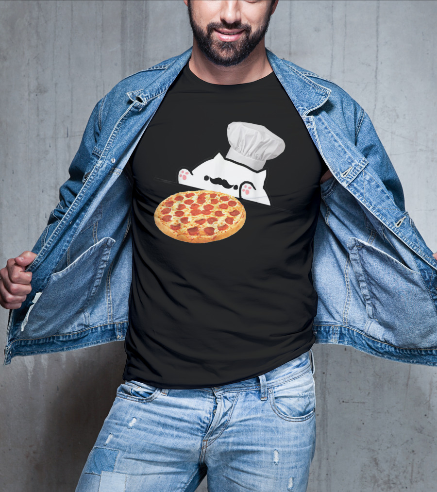 Bongo Cat Pizza Chef With Mustache And Pepperoni Pizza Humor T-Shirt