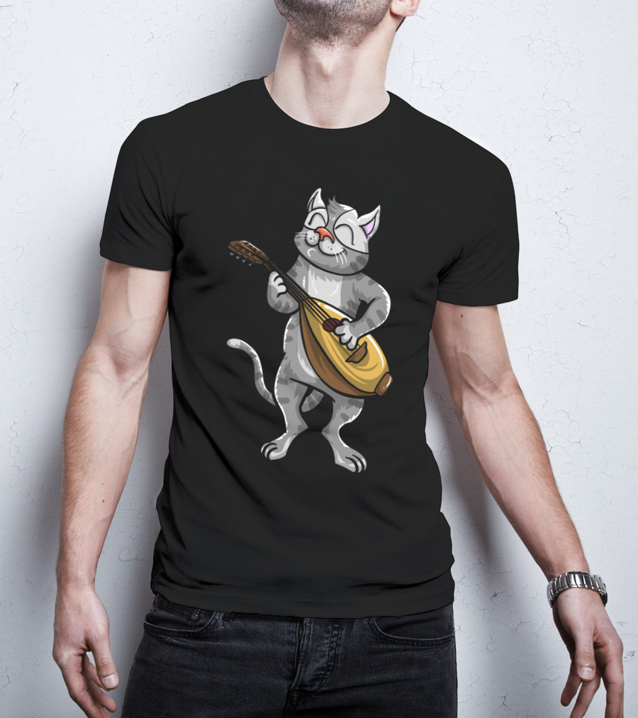 Funny Cool Cat Playing Lute Animal Musician T-Shirt