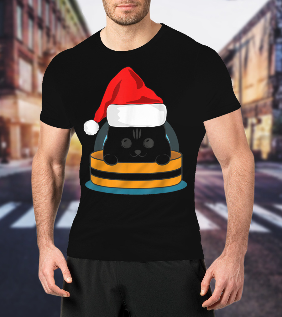 Cute Black Cat In Santa Hat Sitting Inside Orange And Black Barrel T-Shirt